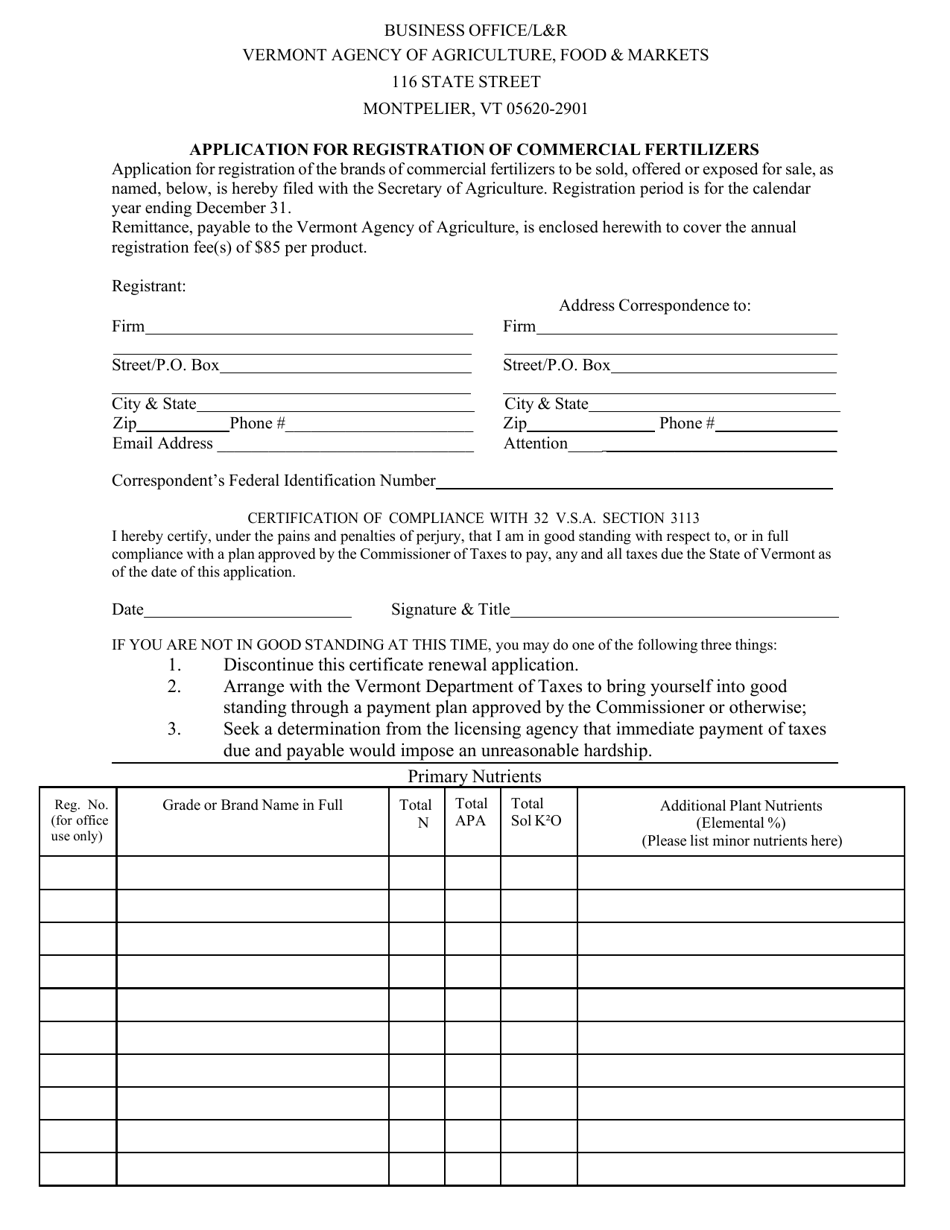 Application for Registration of Commercial Fertilizers - Vermont, Page 1