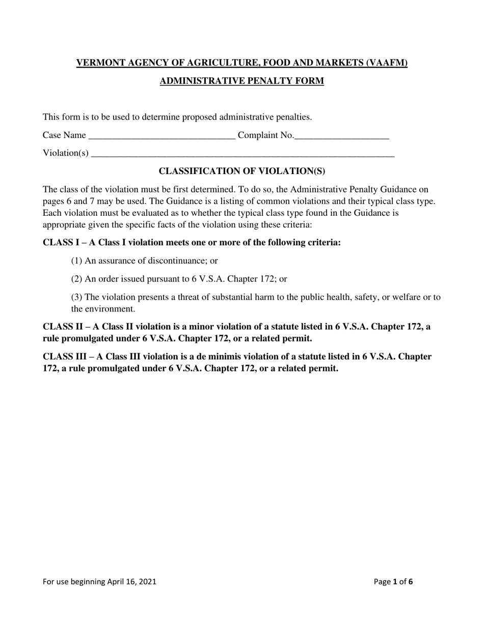 Administrative Penalty Form - Vermont, Page 1