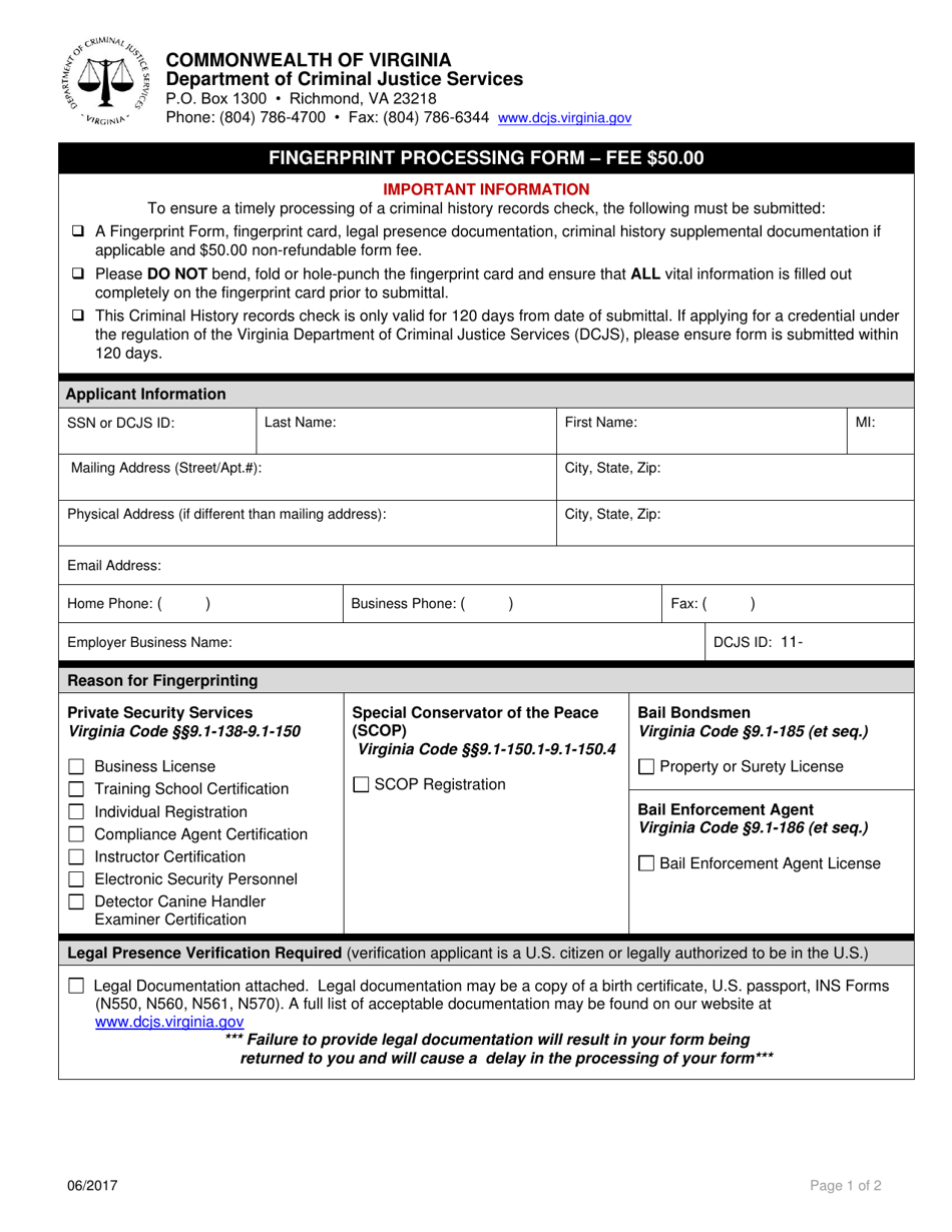 Virginia Fingerprint Processing Form Fill Out, Sign Online and