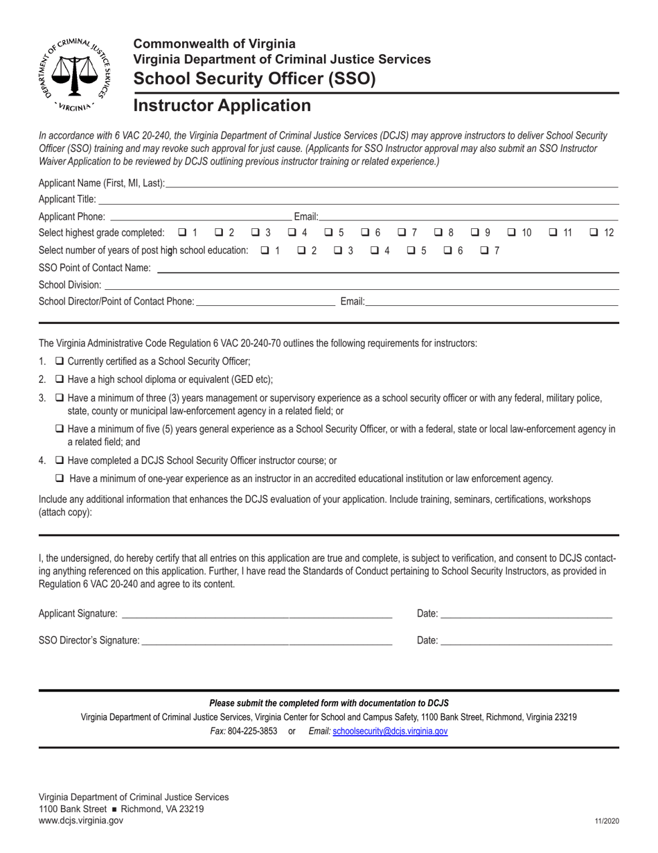 School Security Officer (Sso) Instructor Application - Virginia, Page 1