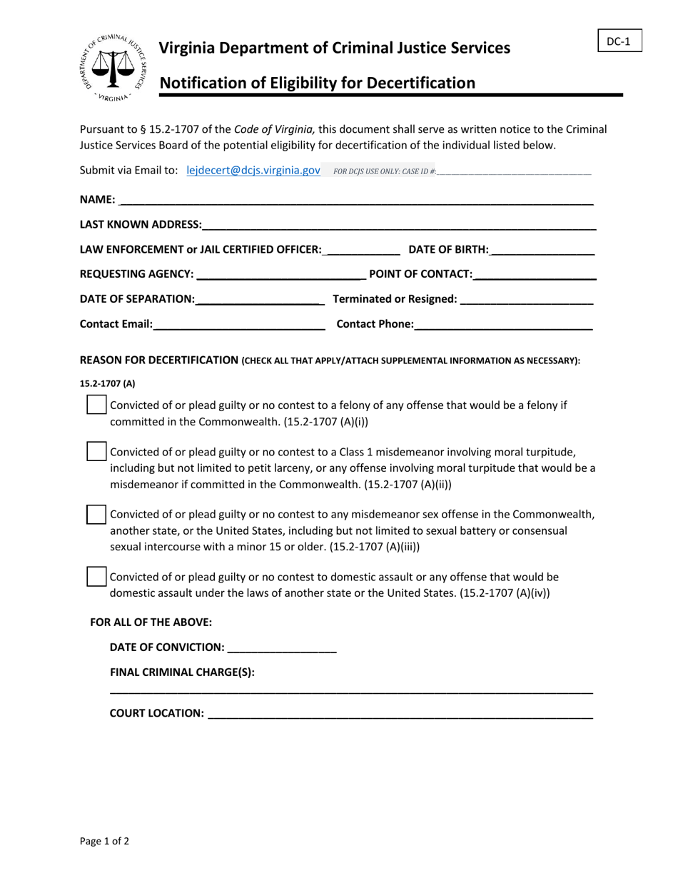 Form DC-1 Notification of Eligibility for Decertification - Virginia, Page 1
