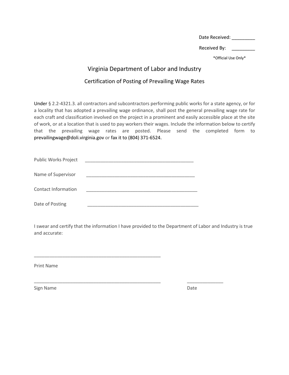 Virginia Certification of Posting of Prevailing Wage Rates Fill Out