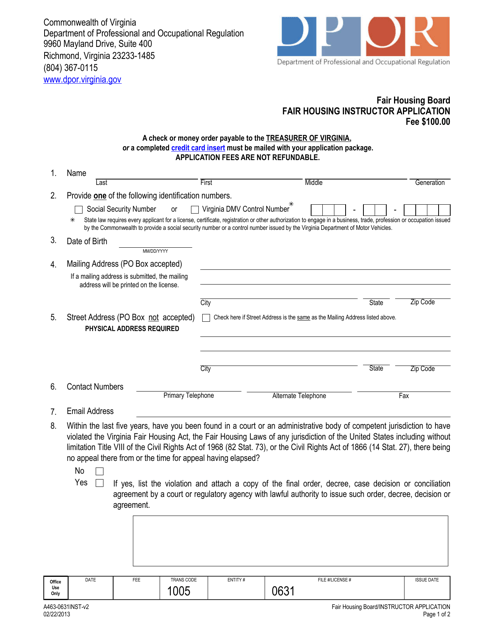 Form A463-0631INST Fair Housing Instructor Application - Virginia