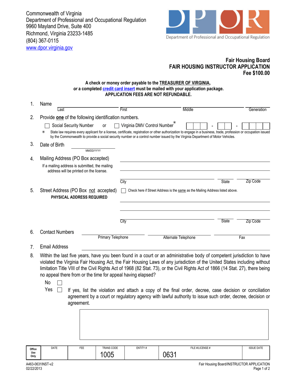 Form A463-0631INST Fair Housing Instructor Application - Virginia, Page 1