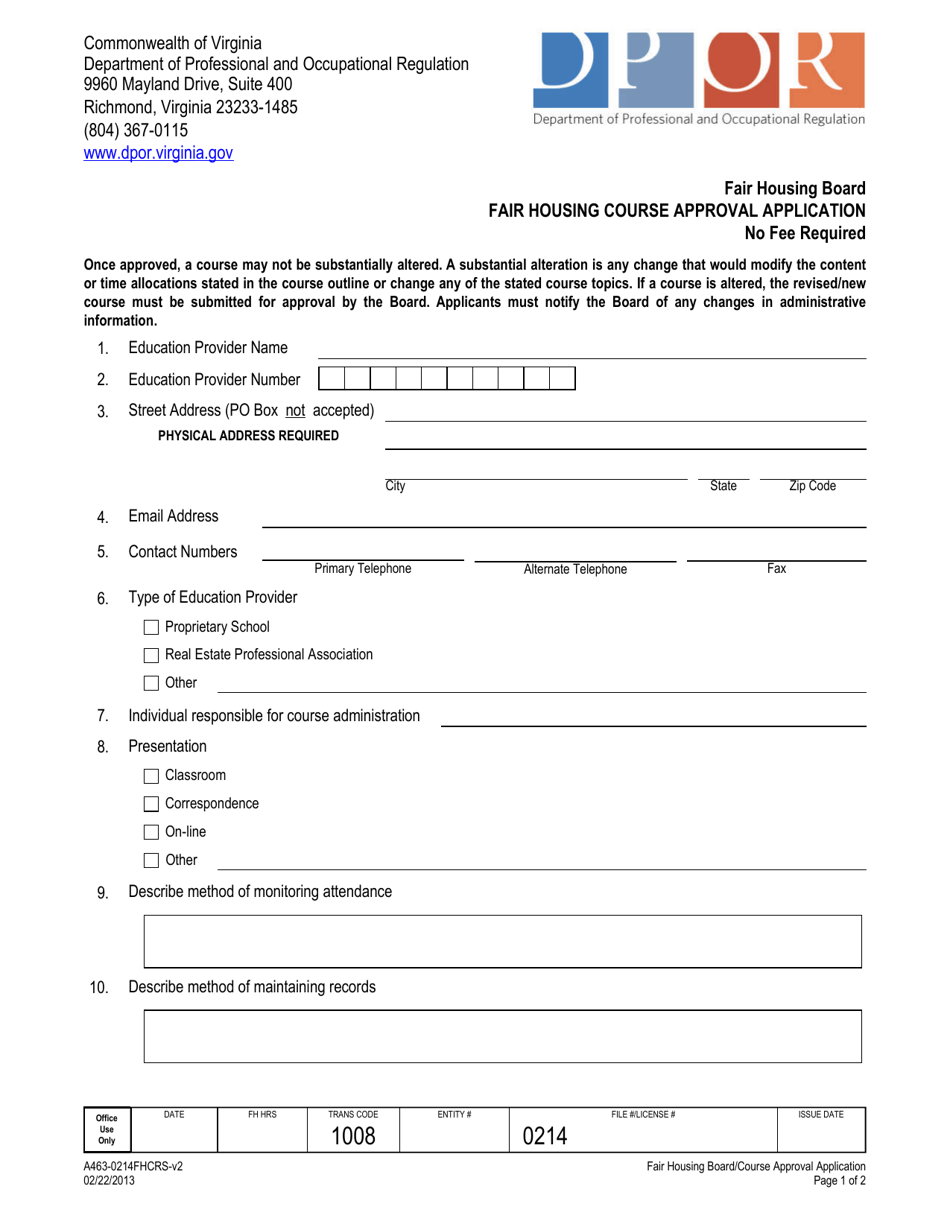 Form A463-0214FHCRS Fair Housing Course Approval Application - Virginia, Page 1
