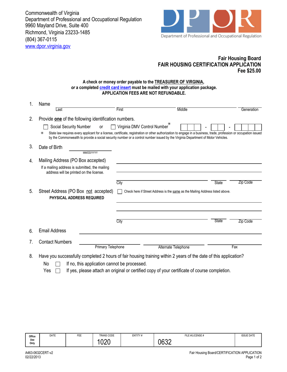 Form A463-0632CERT Fair Housing Certification Application - Virginia, Page 1