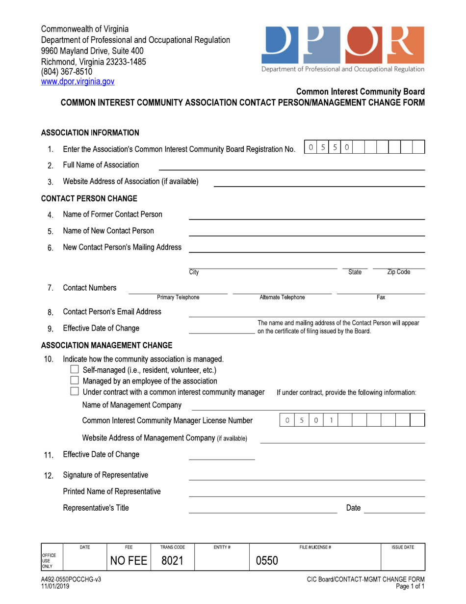 Form A492-0550POCCHG Common Interest Community Association Contact Person / Management Change Form - Virginia, Page 1