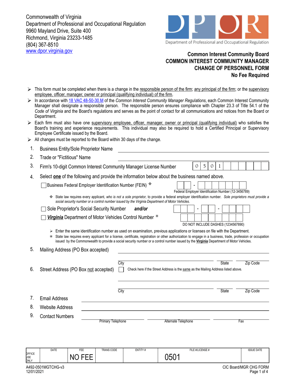 Form A492-0501MGTCHG Common Interest Community Manager Change of Personnel Form - Virginia, Page 1