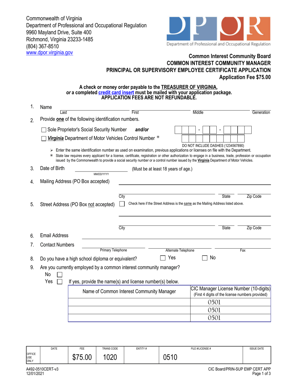 Form A492-0510CERT Common Interest Community Manager Principal or Supervisory Employee Certificate Application - Virginia, Page 1