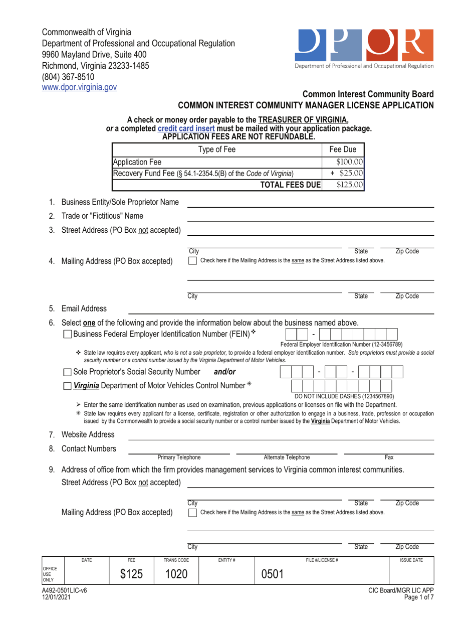 Form A492-0501LIC Common Interest Community Manager License Application - Common Interest Community Board - Virginia, Page 1
