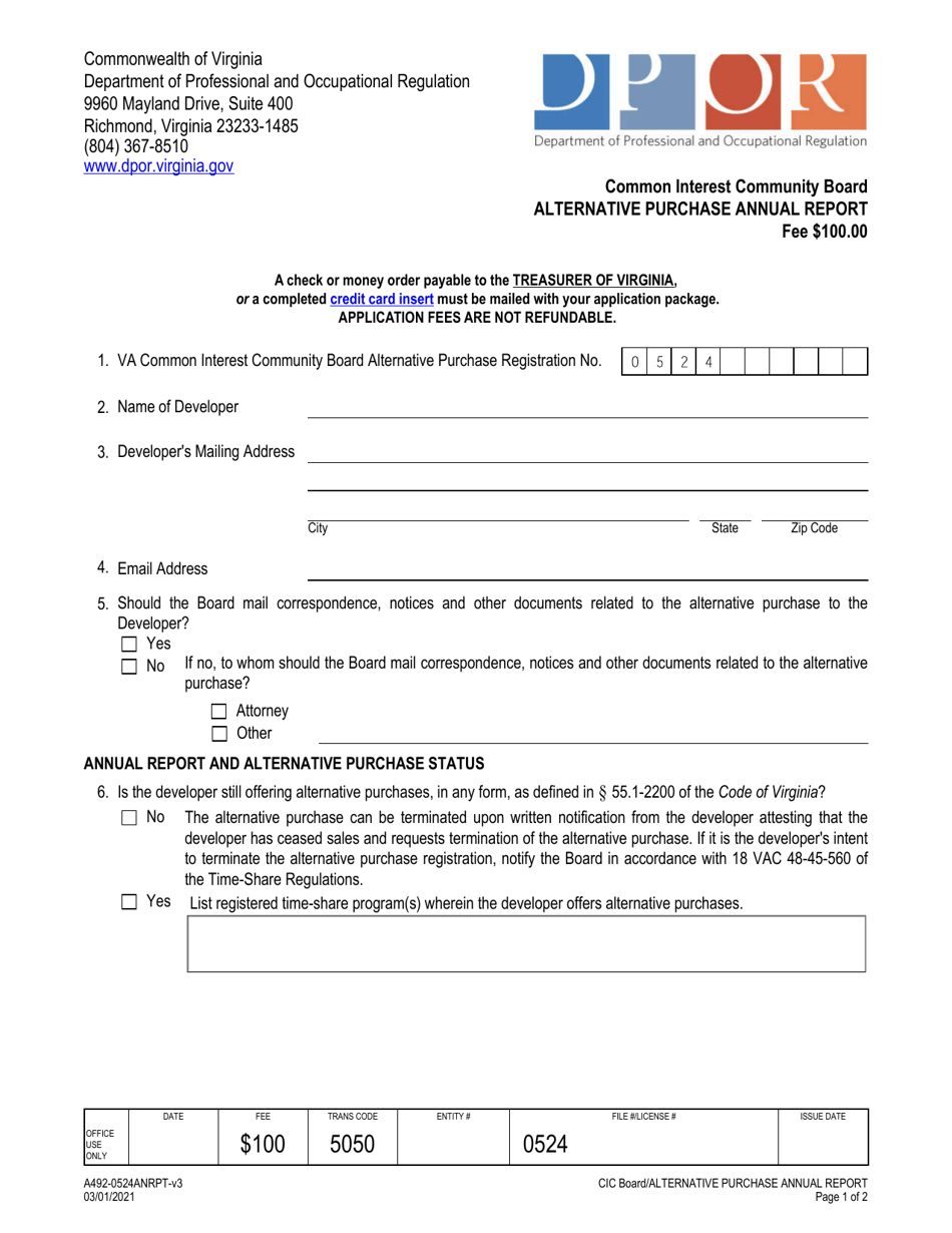 Form A492-0524ANRPT Alternative Purchase Annual Report - Common Interest Community Board - Virginia, Page 1