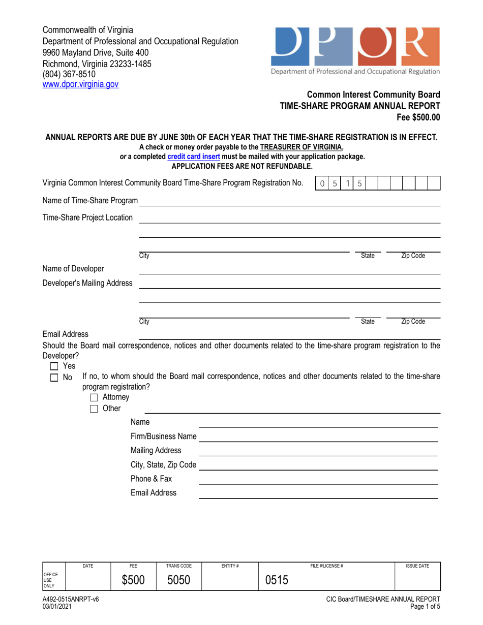Form A492-0515ANRPT Time-Share Program Annual Report - Common Interest Community Board - Virginia, Page 1