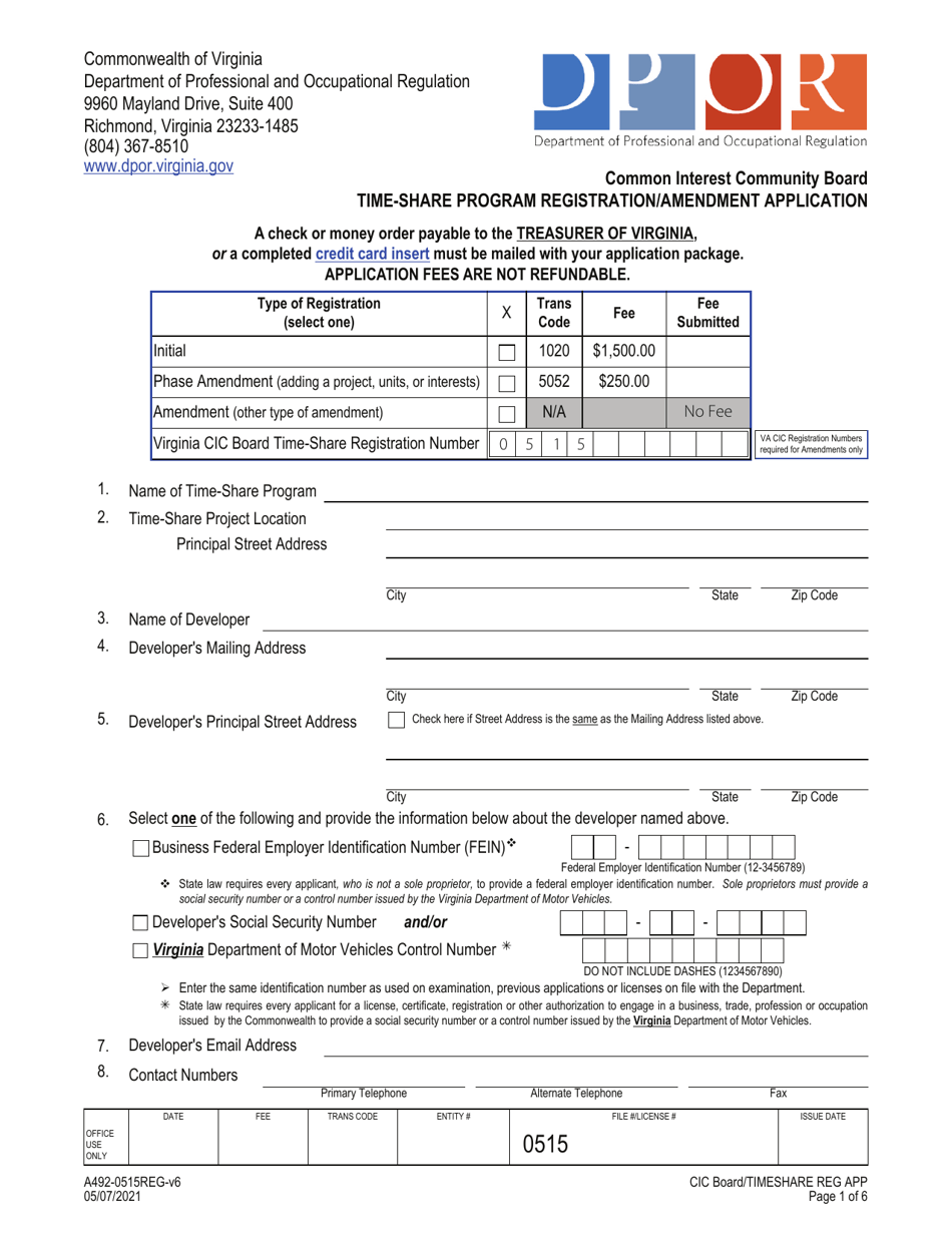 Form A492-0515REG Time-Share Program Registration / Amendment Application - Common Interest Community Board - Virginia, Page 1
