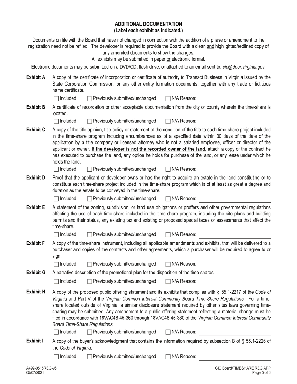 Form A492-0515REG Time-Share Program Registration / Amendment Application - Common Interest Community Board - Virginia, Page 5