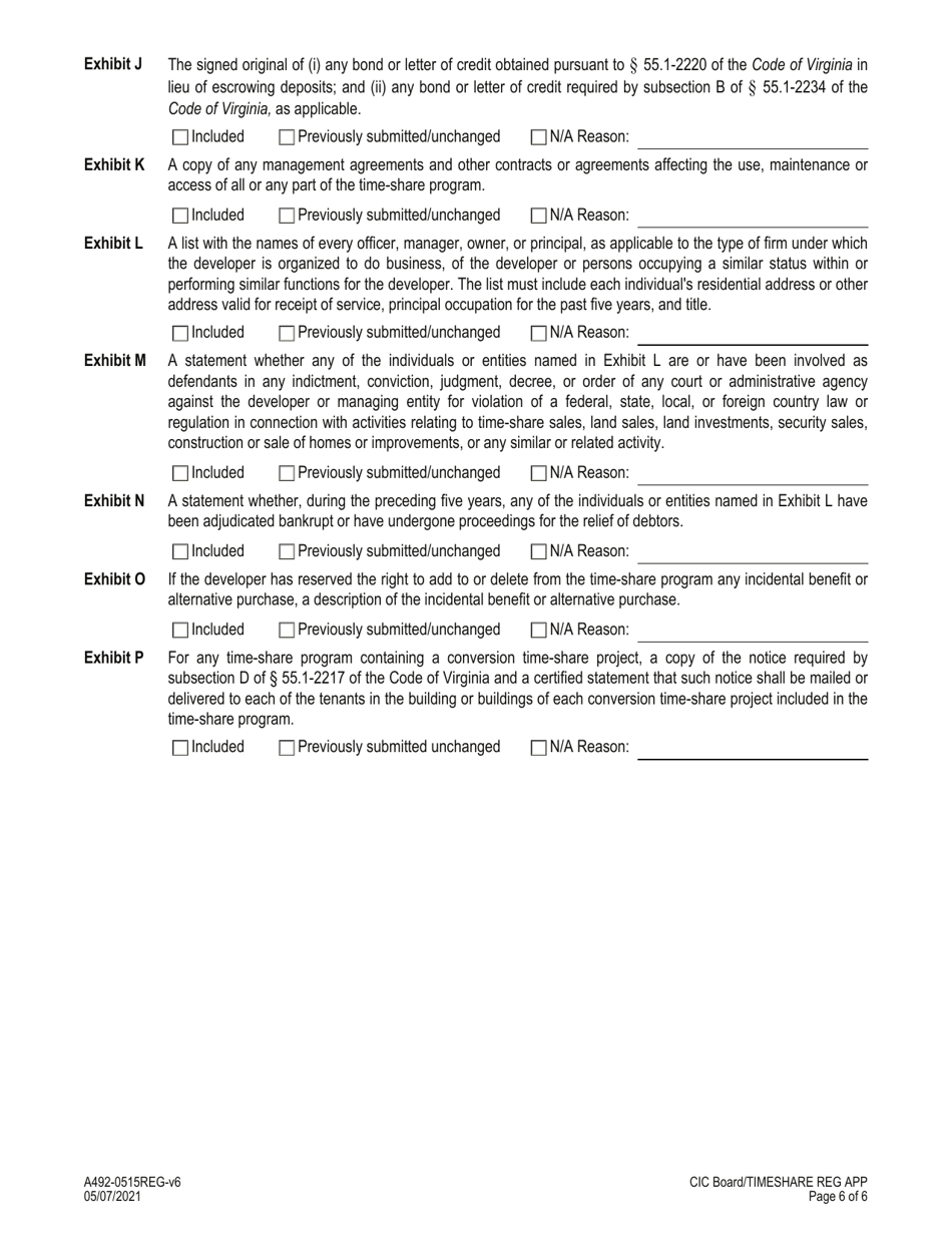 Form A492-0515REG Time-Share Program Registration / Amendment Application - Common Interest Community Board - Virginia, Page 6