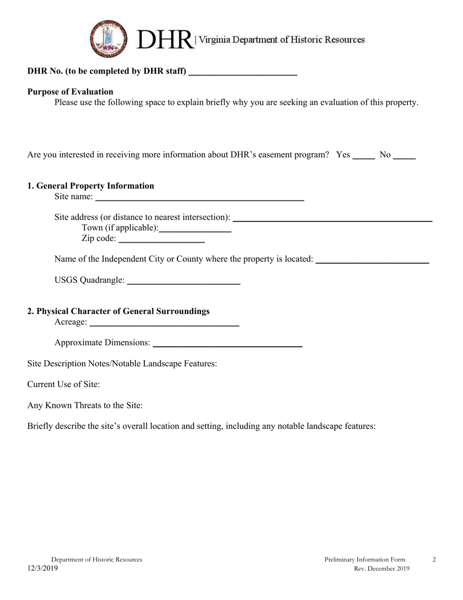 Preliminary Information Form (PIF) for Archaeological Sites - Virginia, Page 2