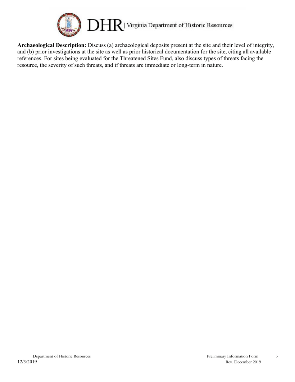 Preliminary Information Form (PIF) for Archaeological Sites - Virginia, Page 3