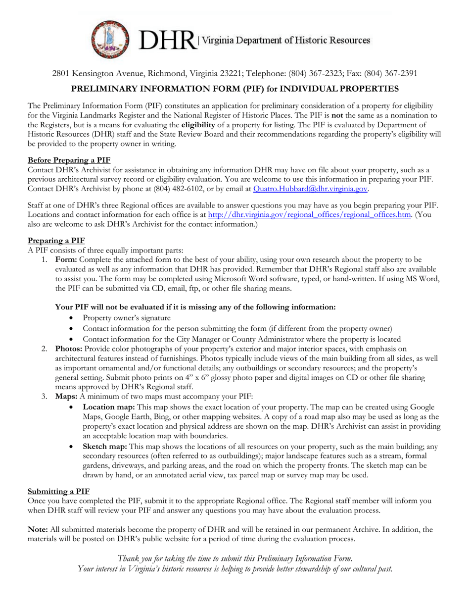 Preliminary Information Form (PIF) for Individual Properties - Virginia, Page 1