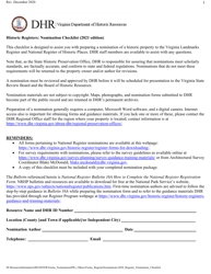 &quot;Historic Registers: Nomination Checklist&quot; - Virginia, 2021