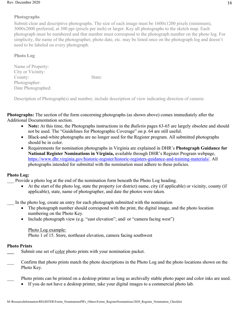 Historic Registers: Nomination Checklist - Virginia, Page 16