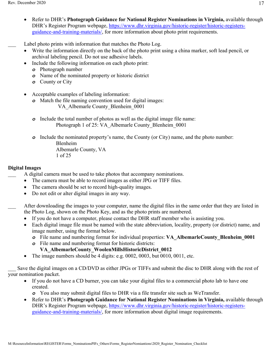 Historic Registers: Nomination Checklist - Virginia, Page 17