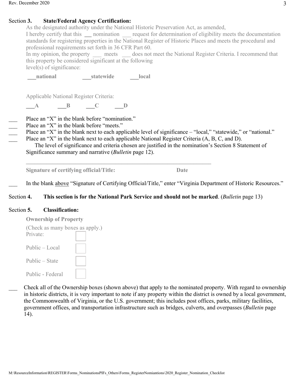 Historic Registers: Nomination Checklist - Virginia, Page 3