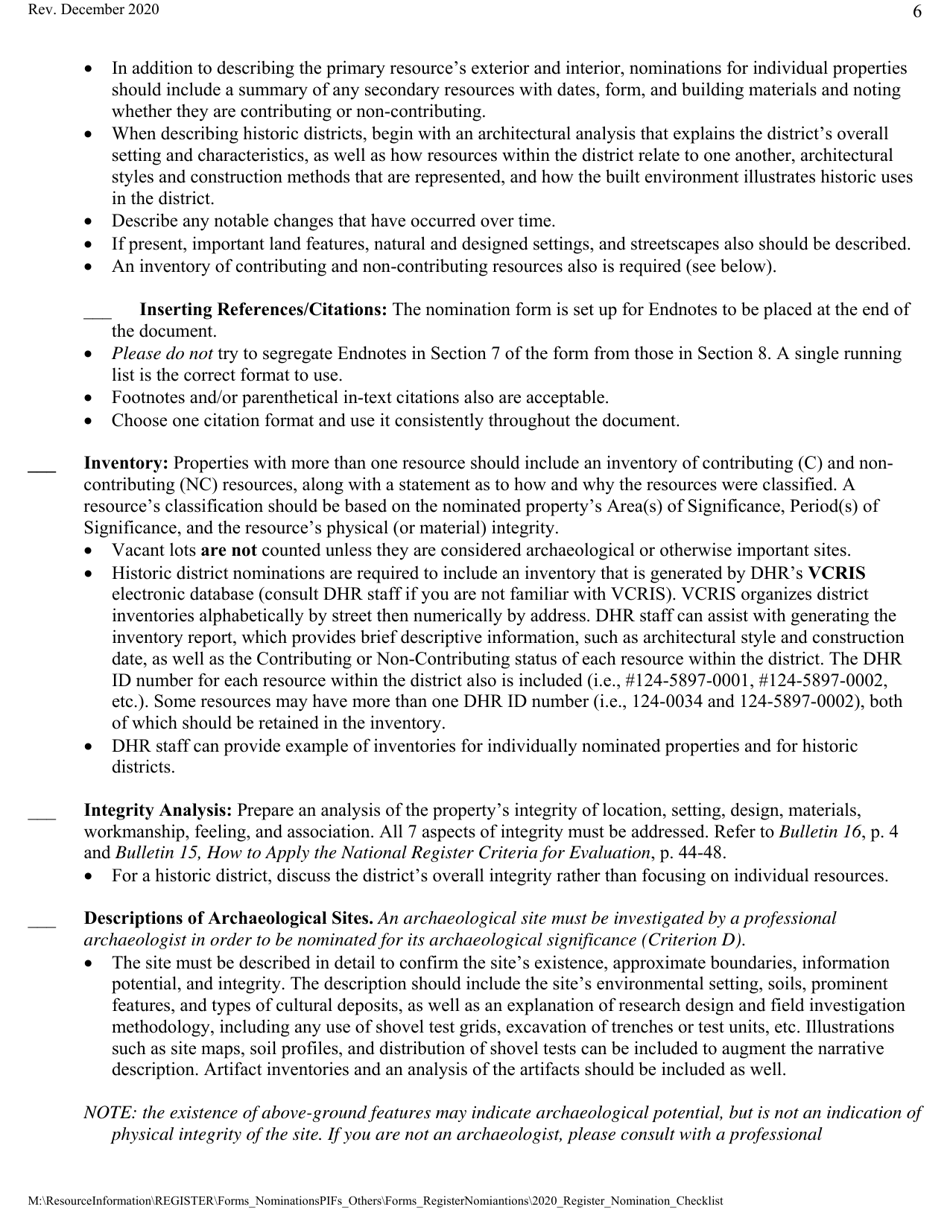 Historic Registers: Nomination Checklist - Virginia, Page 6