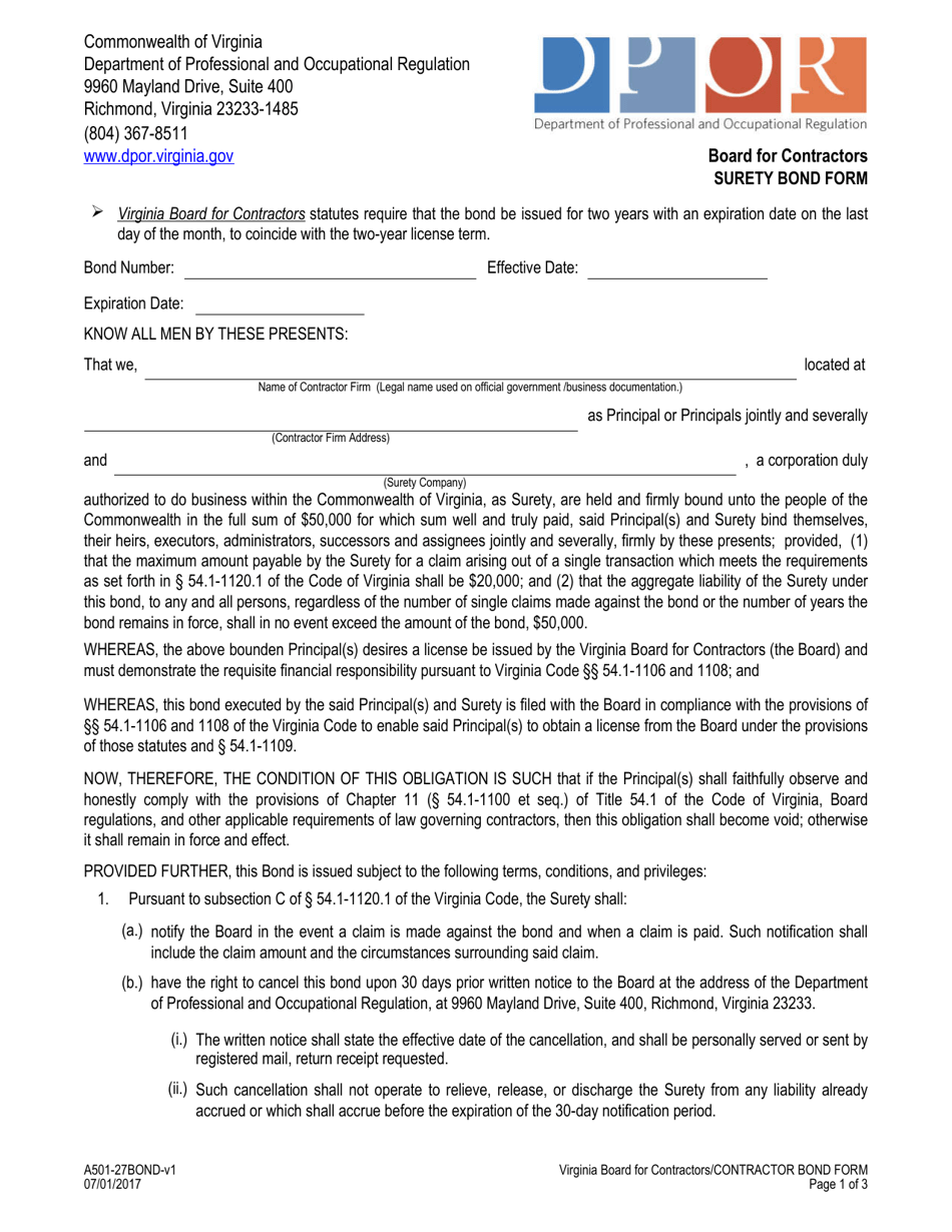 Form A501-27BOND Surety Bond Form - Board for Contractors - Virginia, Page 1