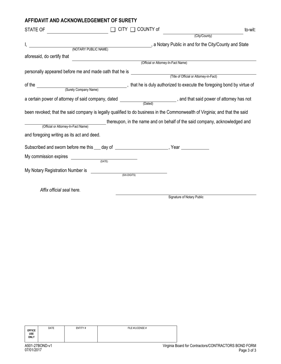 Form A501-27BOND Surety Bond Form - Board for Contractors - Virginia, Page 3