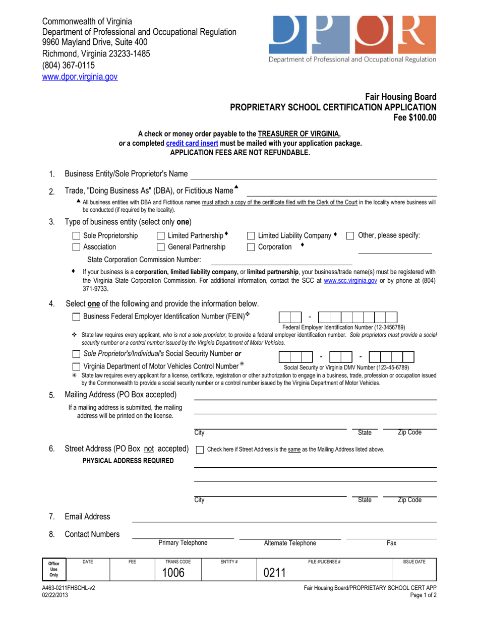 Form A463-0211FHSCHL Proprietary School Certification Application - Fair Housing Board - Virginia, Page 1