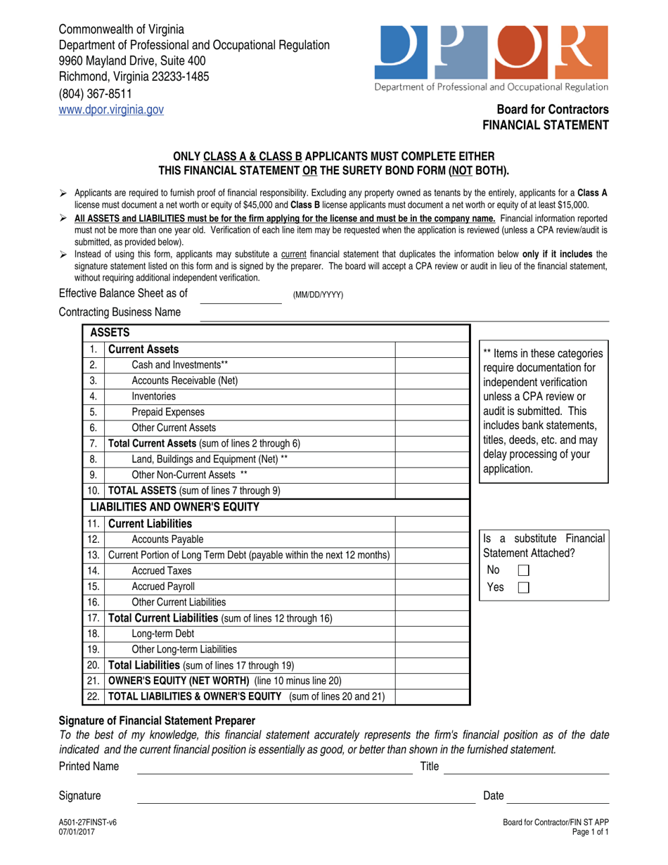 Form A501-27FINST Financial Statement - Board for Contractors - Virginia, Page 1