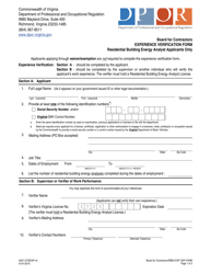 Document preview: Form A501-2722EXP Experience Verification Form - Residential Building Energy Analyst Applicants Only - Board for Contractors - Virginia