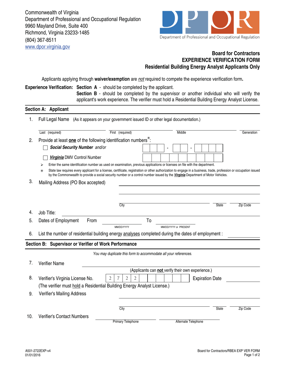Form A501-2722EXP Experience Verification Form - Residential Building Energy Analyst Applicants Only - Board for Contractors - Virginia, Page 1