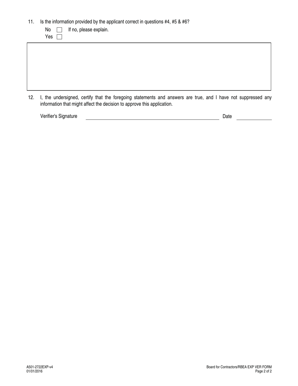 Form A501-2722EXP Experience Verification Form - Residential Building Energy Analyst Applicants Only - Board for Contractors - Virginia, Page 2