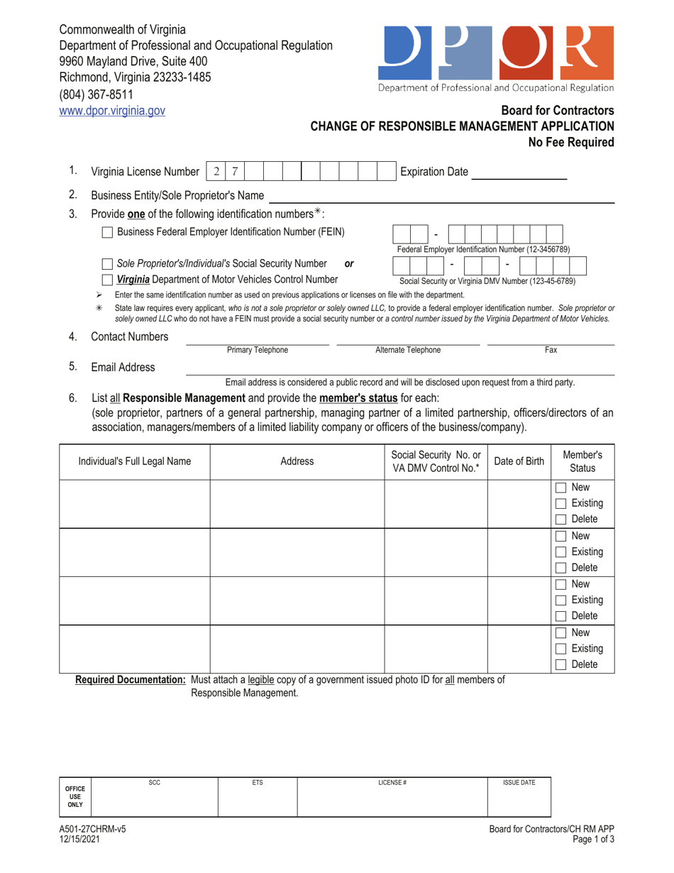 Form A501-27CHRM Change of Responsible Management Application - Board for Contractors - Virginia, Page 1