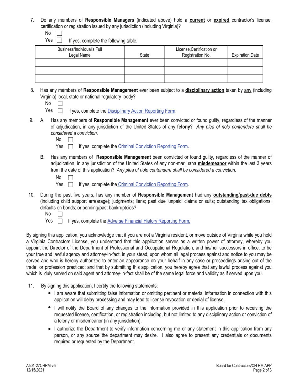 Form A501-27CHRM Change of Responsible Management Application - Board for Contractors - Virginia, Page 2