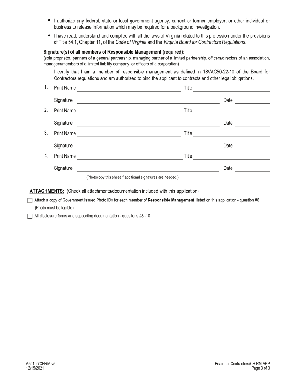 Form A501-27CHRM Change of Responsible Management Application - Board for Contractors - Virginia, Page 3