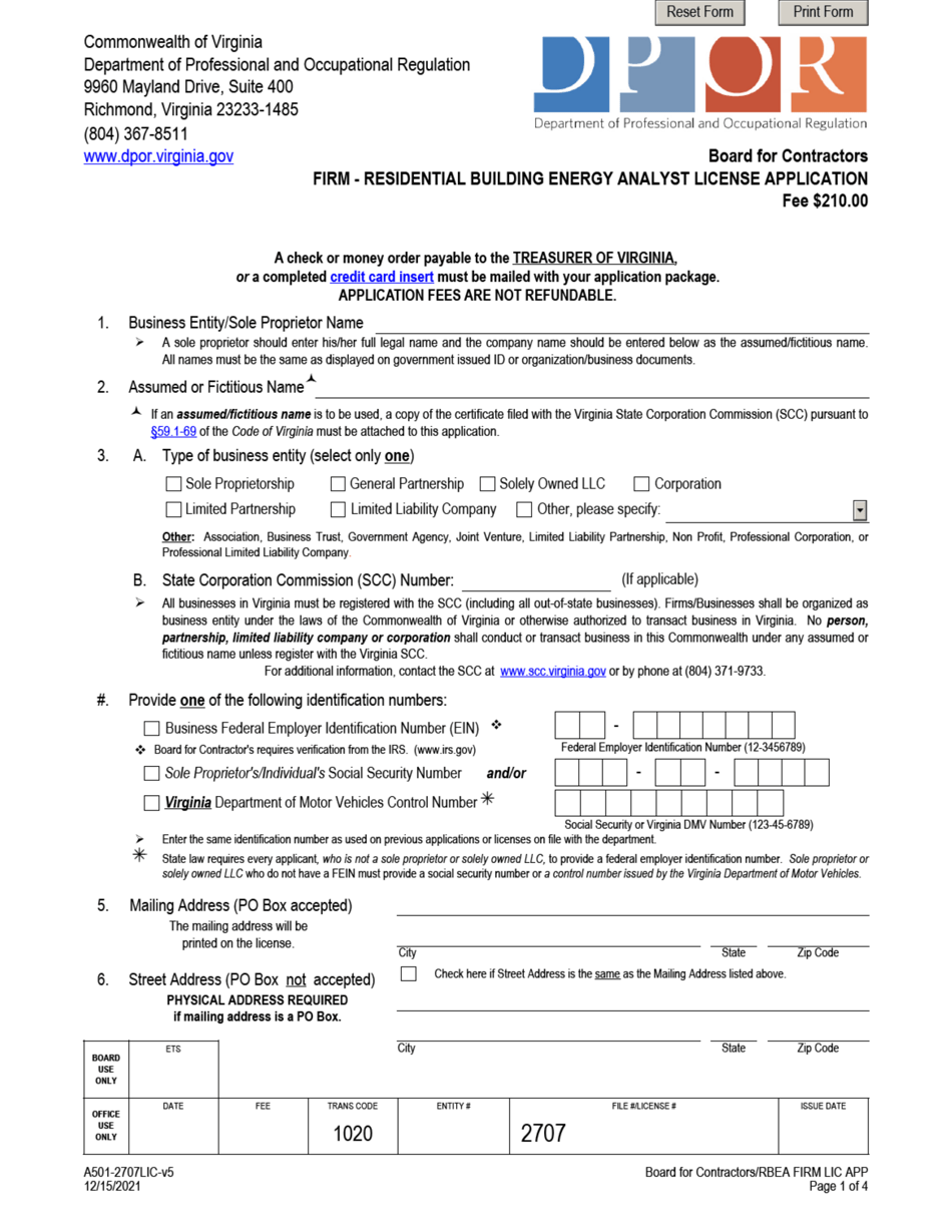 Form A501-2707LIC Residential Building Energy Analyst License Application - Firm - Board for Contractors - Virginia, Page 1