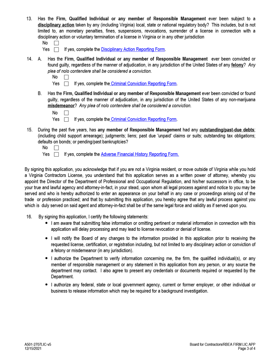 Form A501-2707LIC Residential Building Energy Analyst License Application - Firm - Board for Contractors - Virginia, Page 3