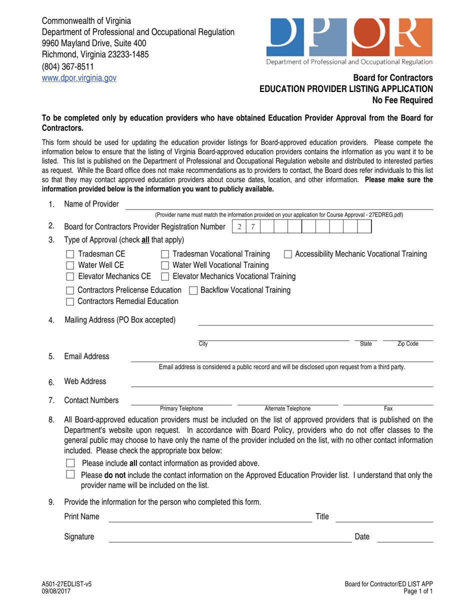 Form A501-27EDLIST Education Provider Listing Application - Virginia, Page 1