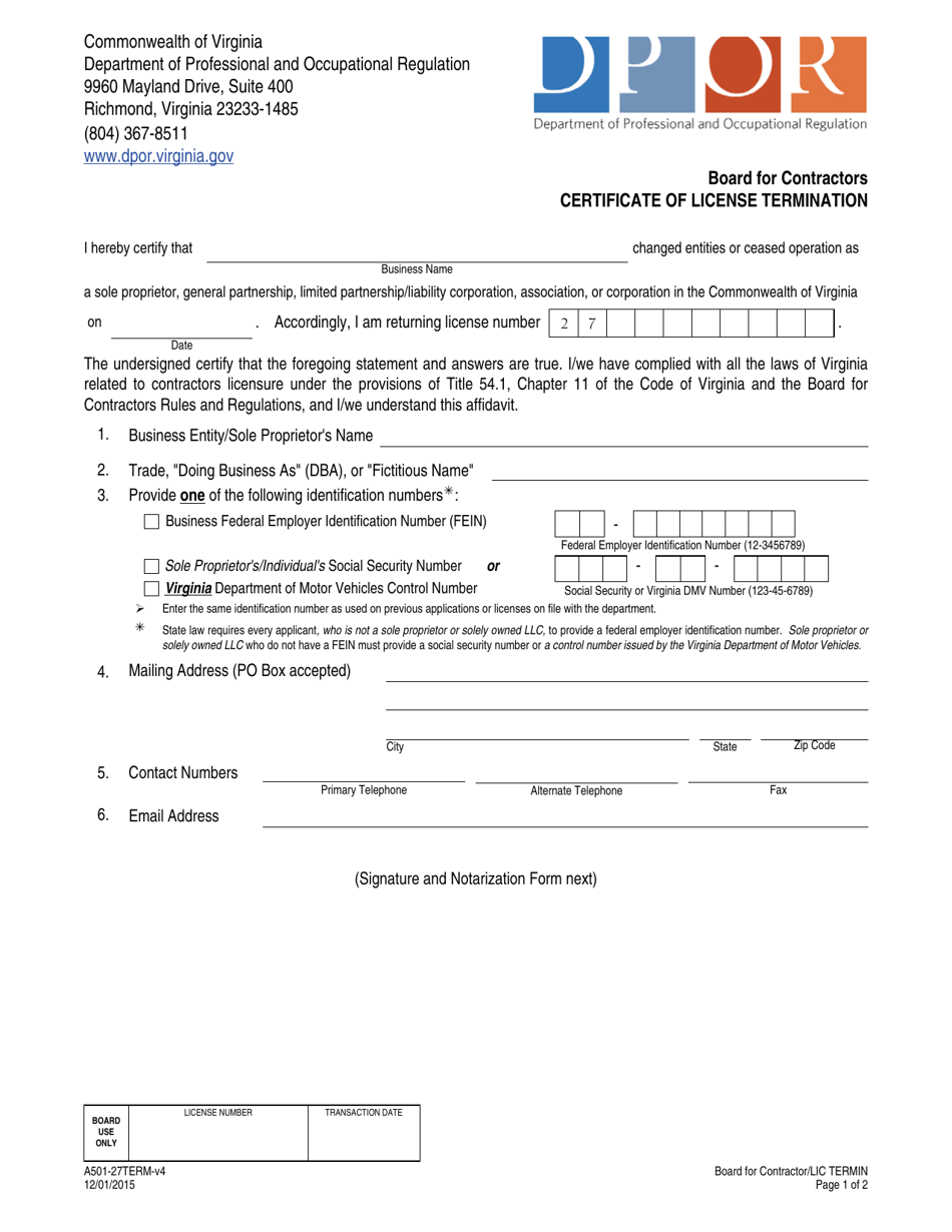 Form A501-27TERM Certificate of License Termination - Virginia, Page 1