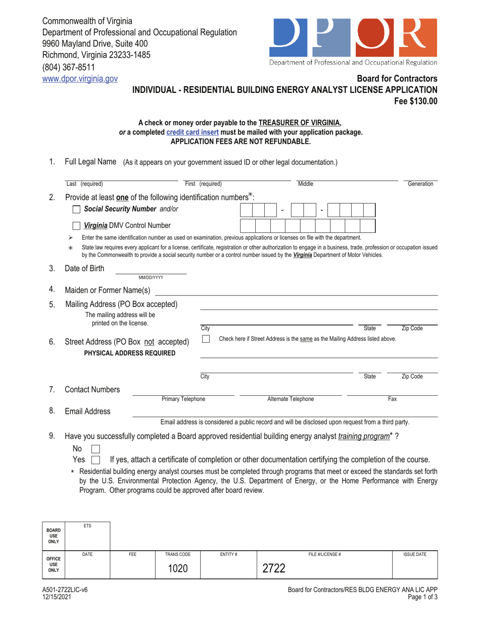 Form A501-2722LIC Individual - Residential Building Energy Analyst License Application - Virginia, Page 1