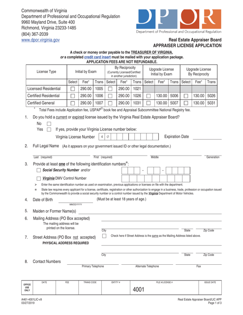 Form A461-4001LIC Appraiser License Application - Virginia