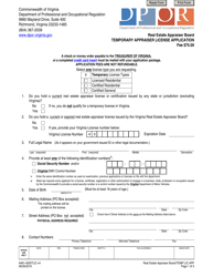 Form A461-4005TLIC Temporary Appraiser License Application - Virginia