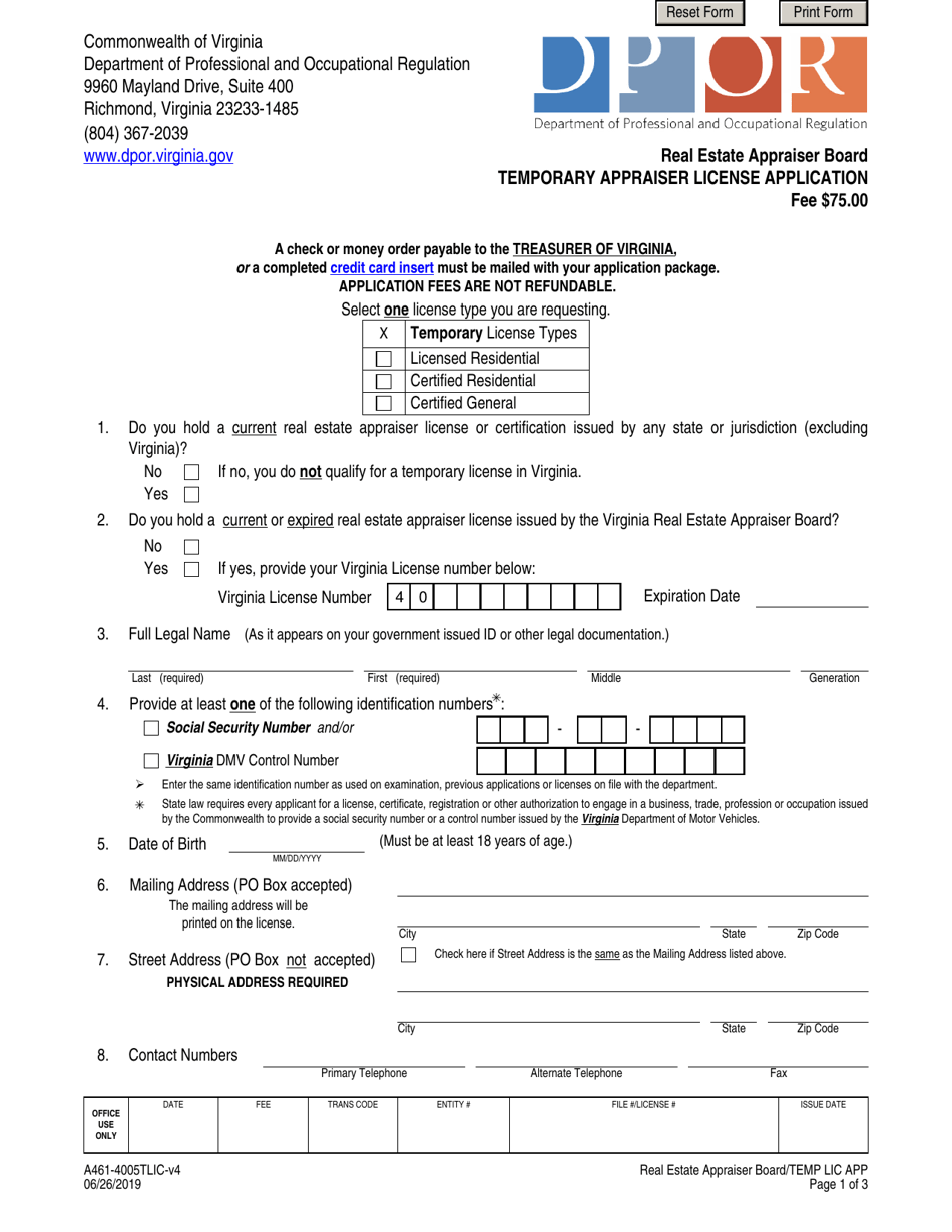 Form A461-4005TLIC Temporary Appraiser License Application - Virginia, Page 1