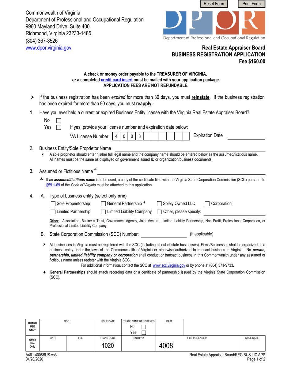 Form A461-4008BUS Business Registration Application - Virginia, Page 1