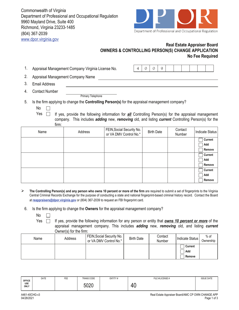 Form A461-40CHG Owners  Controlling Person(s) Change Application - Virginia, Page 1