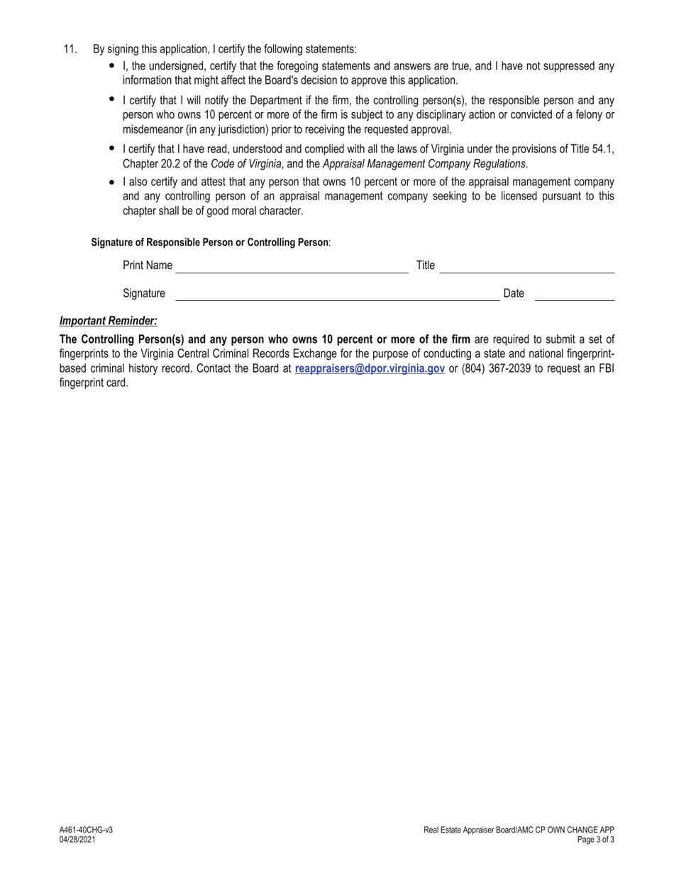 Form A461-40CHG Owners  Controlling Person(s) Change Application - Virginia, Page 3