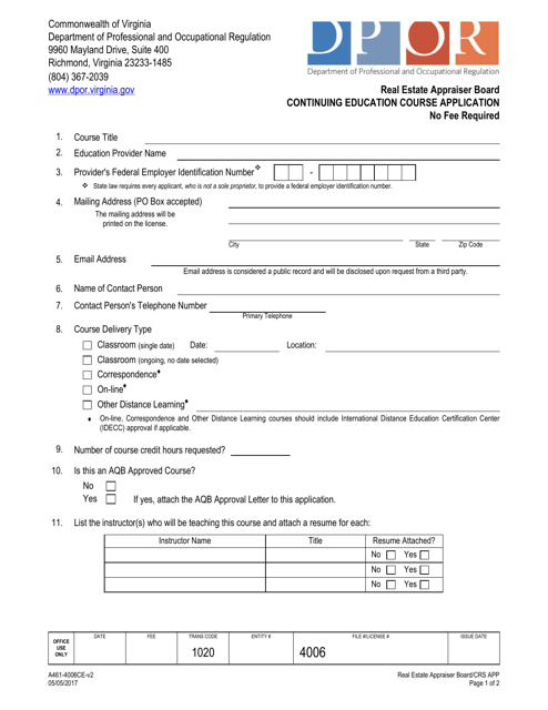Form A461-4006CE Continuing Education Course Application - Virginia