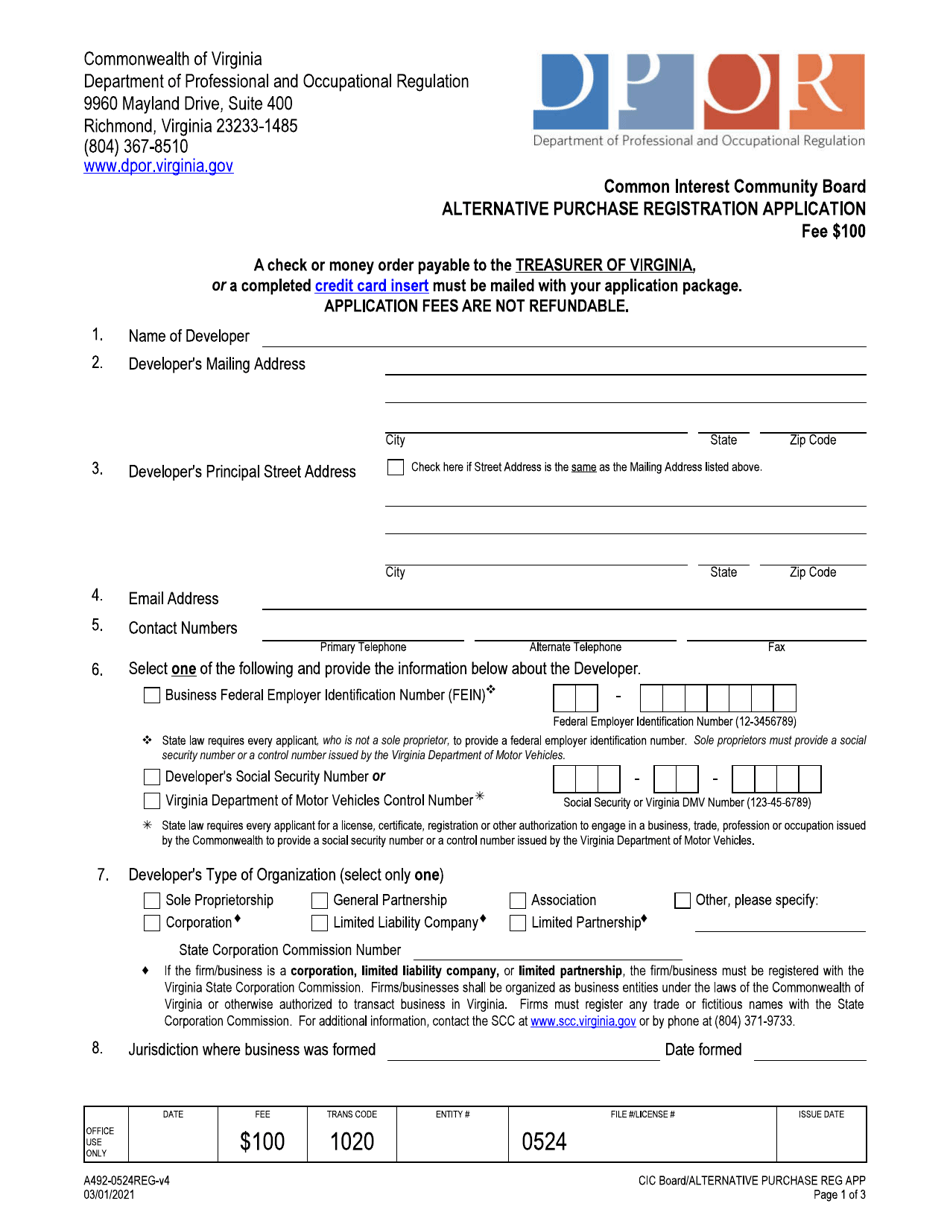 Form A492-0524REG Alternative Purchase Registration Application - Virginia, Page 1